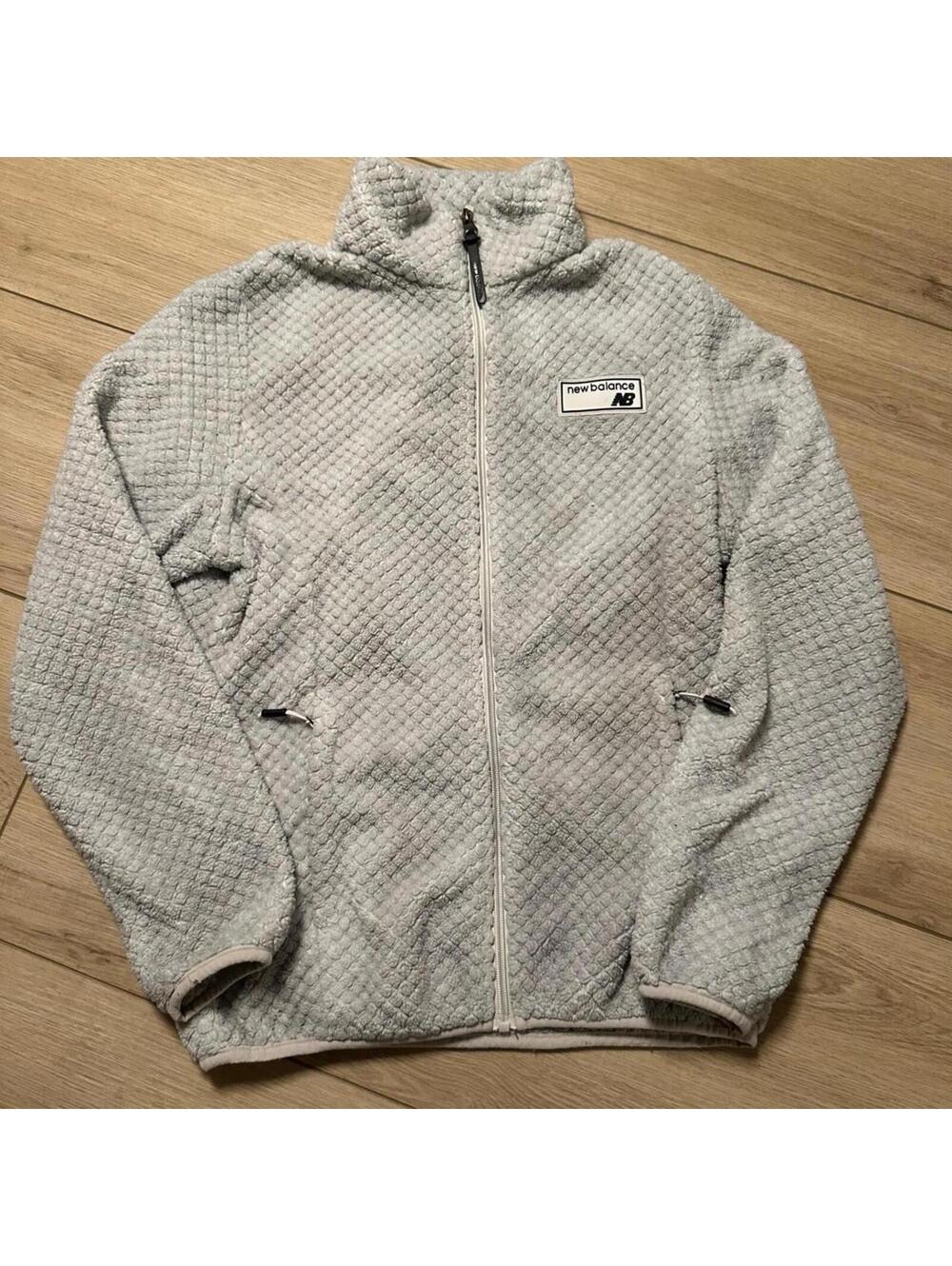 New Balance Womens Grey Textured Grid Fleece Full Zip Jacket Mock Neck Logo L